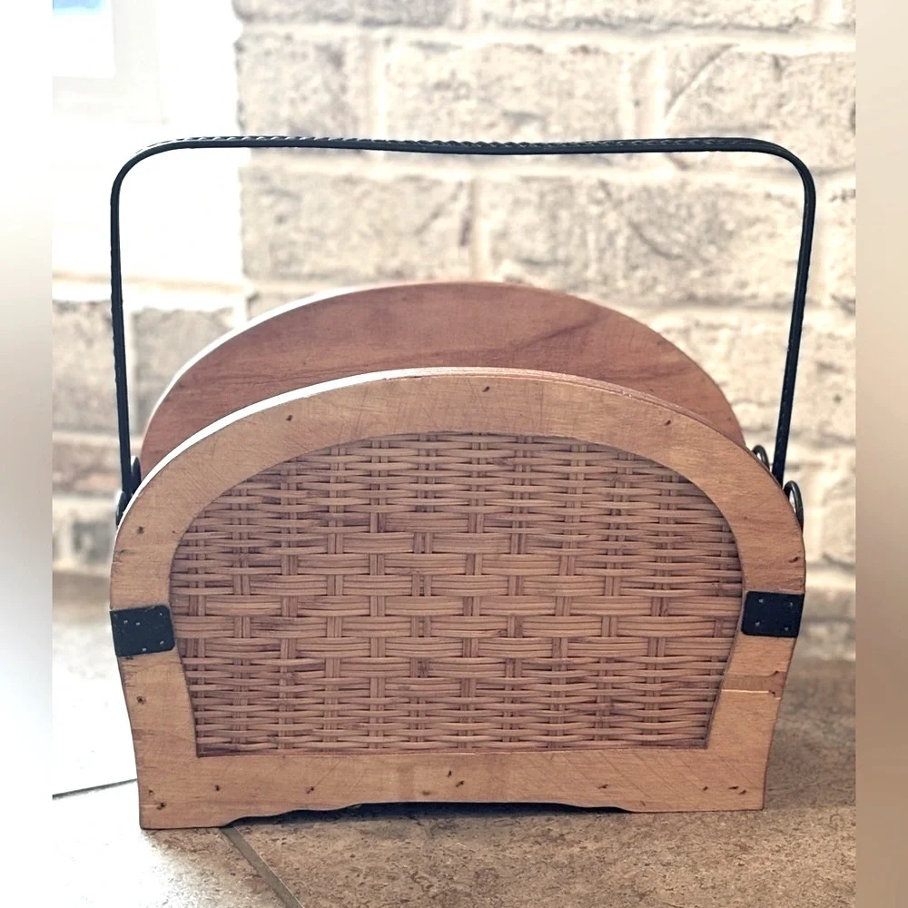 Woven Wooden Magazine Holder. 13”x13.5. Textured | Iron Accents | Vintage.
